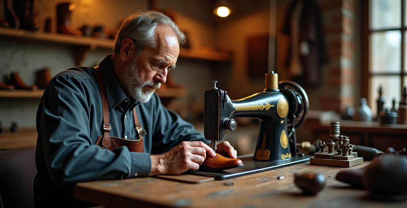 Artisan cordonnier travaillant sur le ressemelage d'une chaussure