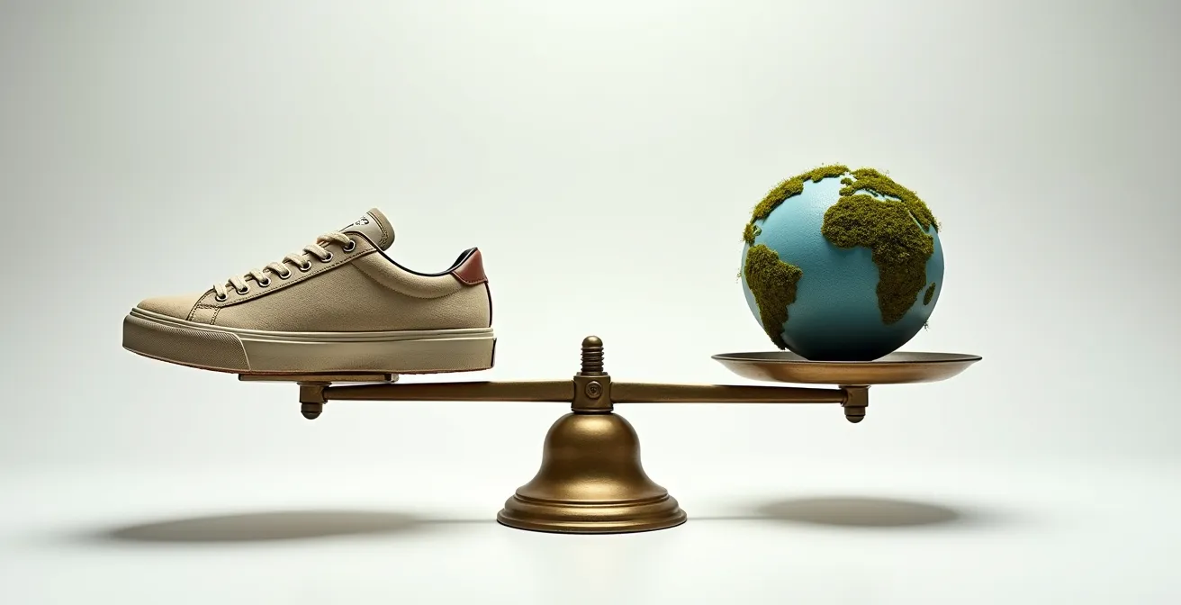 Balance en équilibre avec une chaussure d'un côté et une planète miniature de l'autre