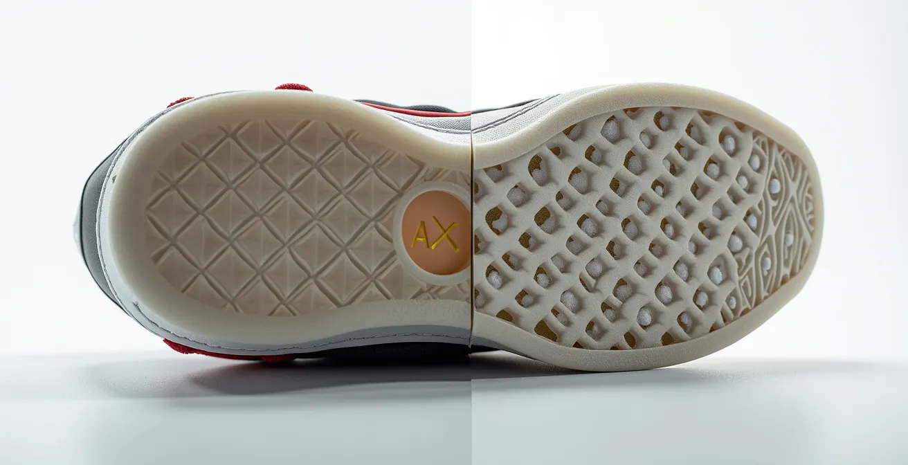 Comparaison macro entre une semelle de basket usée et une semelle réparable neuve