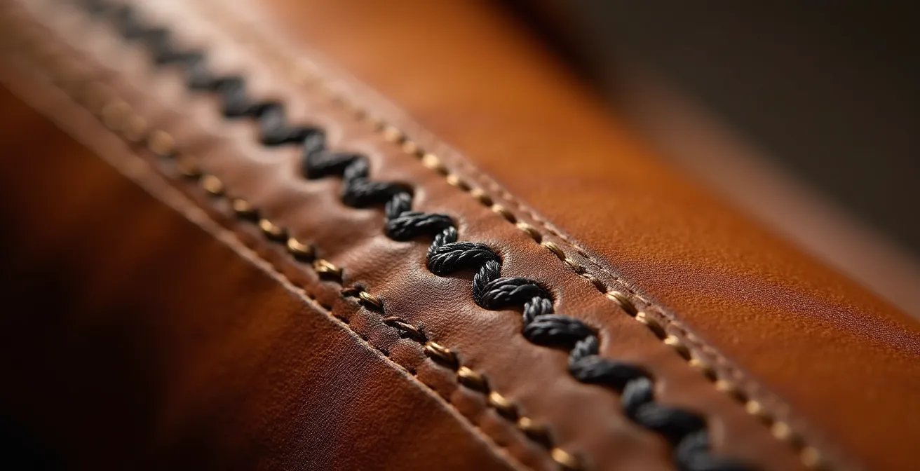 Détail macro d'une couture Goodyear sur cuir pleine fleur