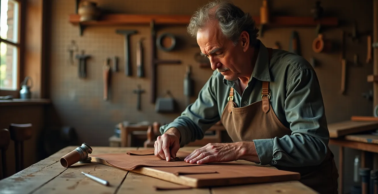 Mains d'artisan assemblant méticuleusement une basket française dans un atelier traditionnel