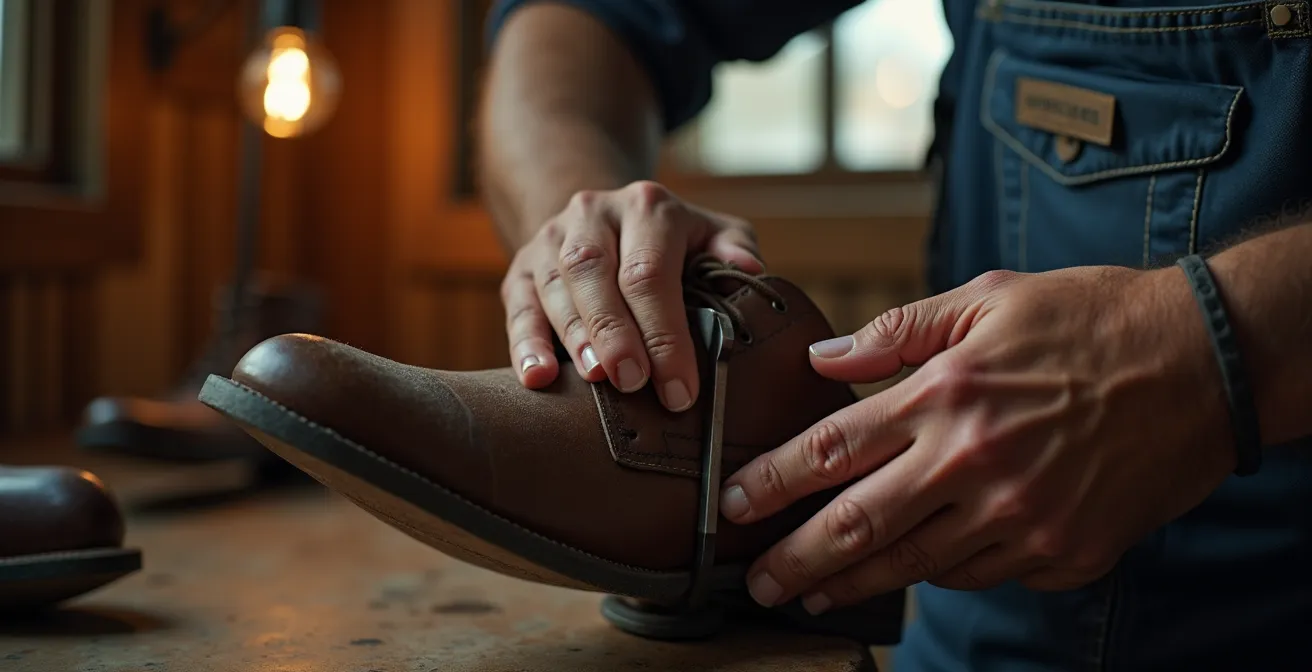 Mains d'artisan réparant une semelle de basket durable