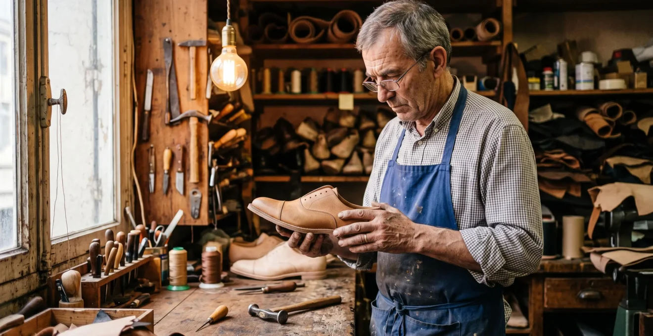 Artisan cordonnier inspectant une chaussure en cuir naturel dans son atelier
