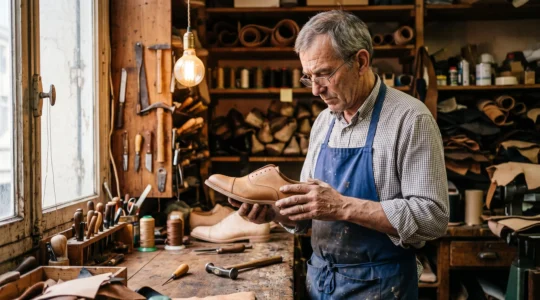 Artisan cordonnier inspectant une chaussure en cuir naturel dans son atelier