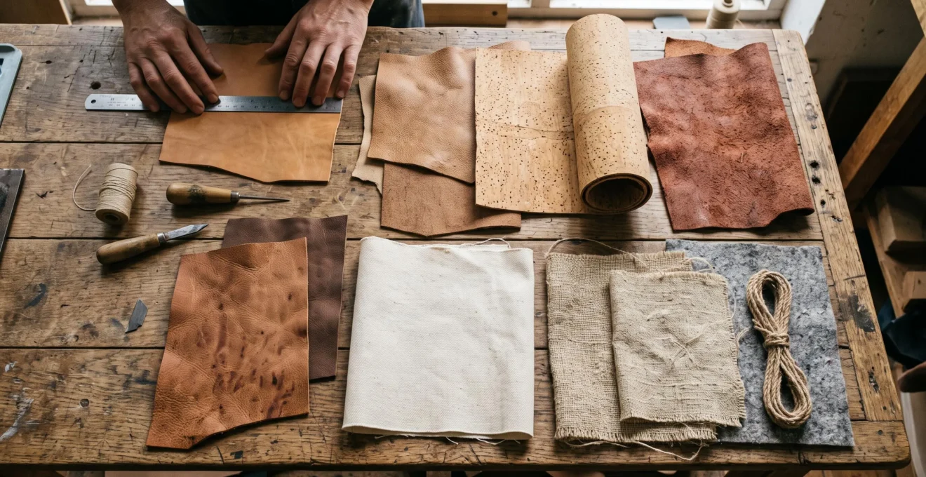 Échantillons de matières premières naturelles utilisées en maroquinerie disposés sur une table de travail