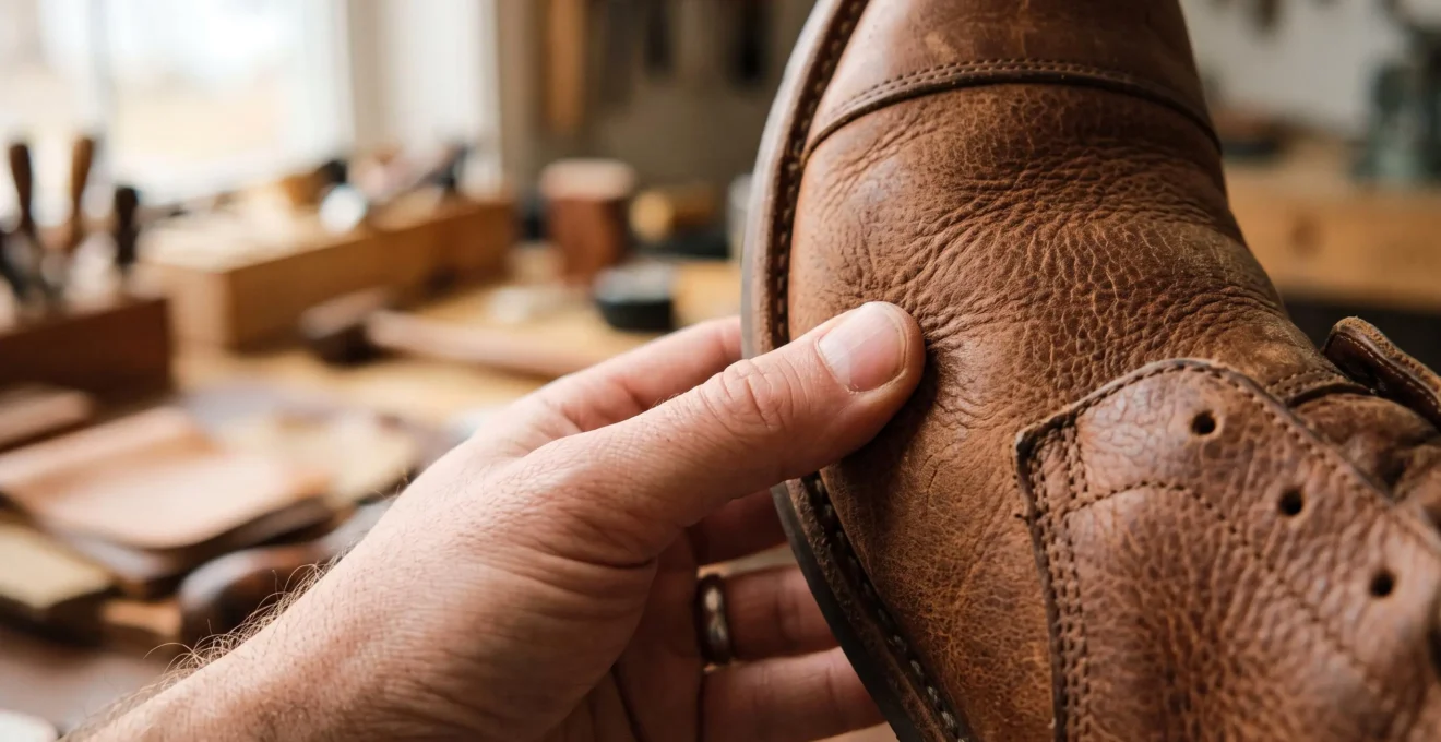 Mains examinant de près la texture et le grain d'une chaussure en cuir naturel